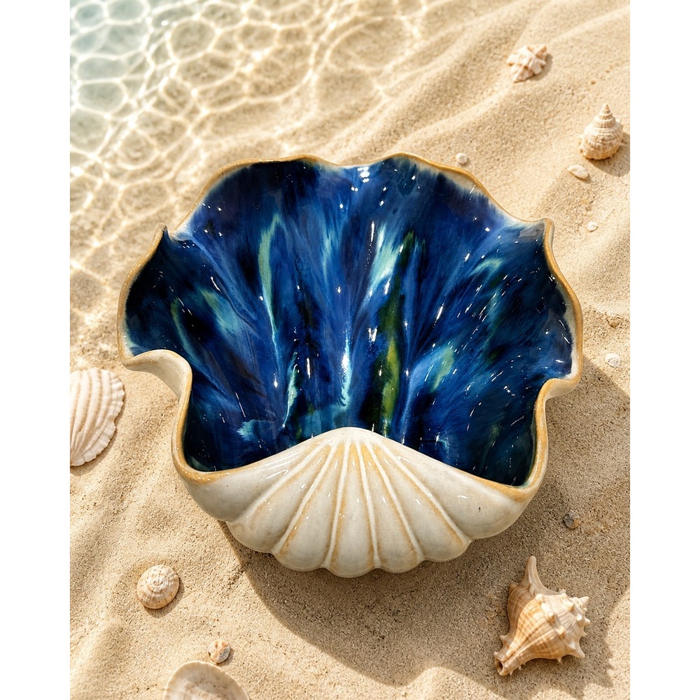 Vintage Ceramic Clam Shell Decorative Bowl Blue Drip Glaze Coastal Nautical